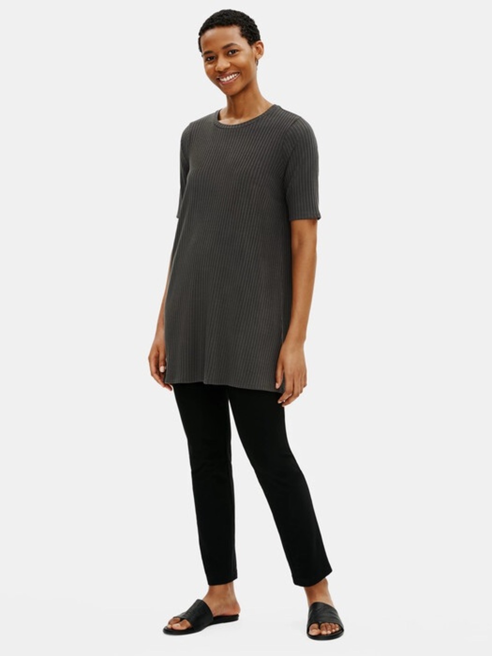 Eileen Fisher Textured Stretch Rib Round Neck Tunic Sz L in Dark Gray